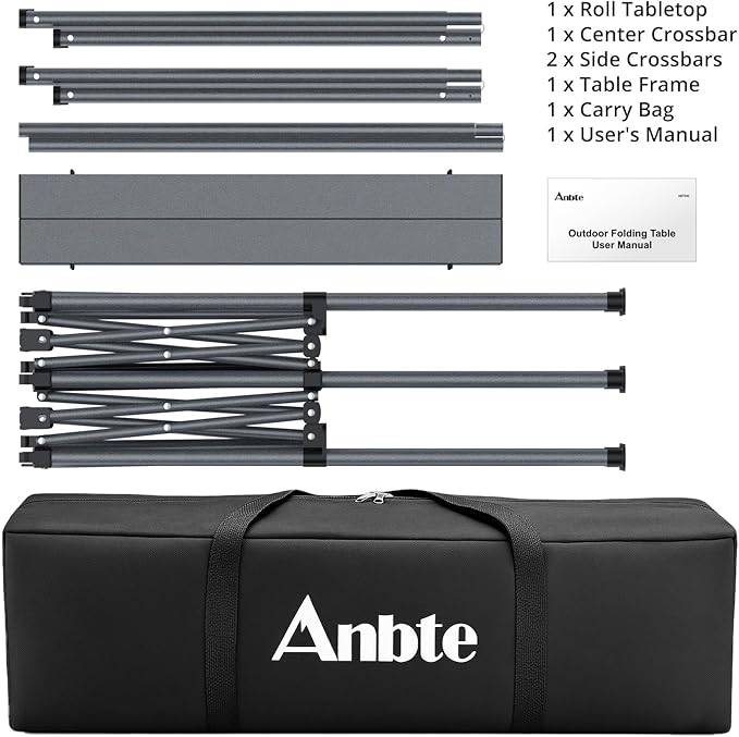 Large Camping Table Foldable for 2-8 People, 48” x 23.6” Aluminum Roll Up Camping Table Support 264lbs, Waterproof, Portable Outdoor Table with Carry Bag, for Backyard BBQ Tailgating, Black