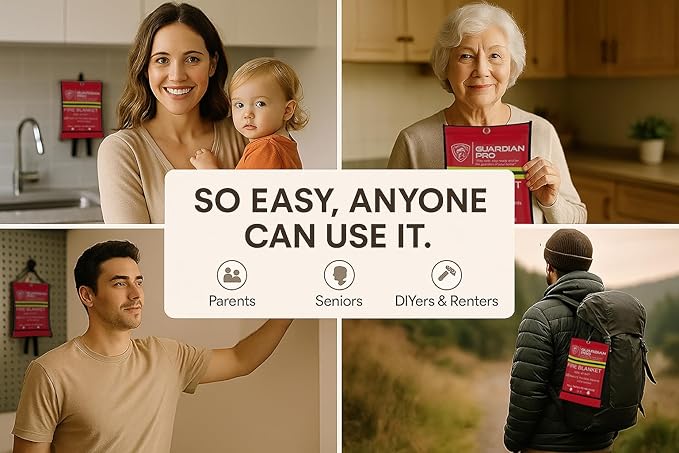 Guardian Pro New 2025 Emergency Fire Blanket for Home and Kitchen - 4 Pack Over 40"x40" Flame Suppression Fiberglass Fire Blankets for House Camping Car Office Warehouse Emergency Survival Safety