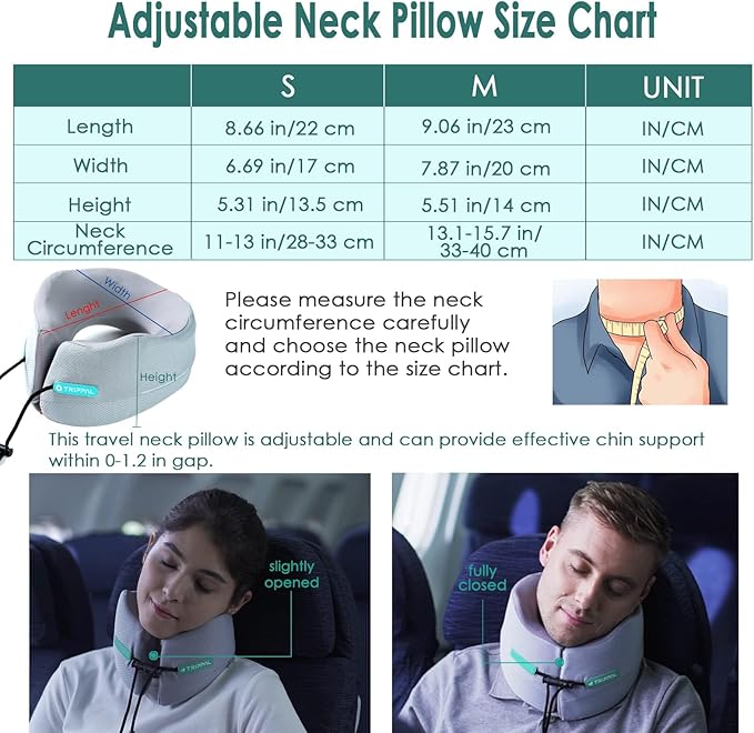 Travel Neck Pillow for Airplane, Neck Chin Support, Memory Foam, Machine Washable,Neck Pillow for Airplane Sleeping Car Office Grey M