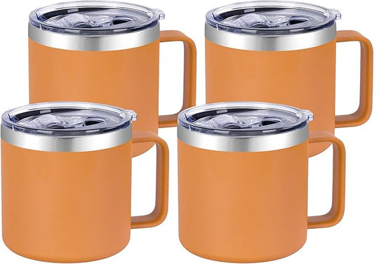 VEGOND 14 oz Insulated Coffee Mug Bulk with Handle, Stainless Steel Travel Coffee Mug with Lid, Double Wall Vacuum Metal Coffee Cup, Coffee Tumbler Powder Coated, Orange 4 Pack