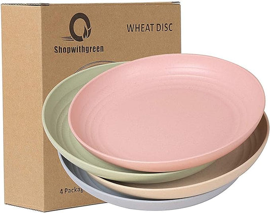 shopwithgreen Lightweight Unbreakable Wheat Straw Plates - Extra Large-4 Pack 8.8'' Deep Dinner Plates, Dishwasher Microwave Safe, Healthy Dessert, Kids,Toddler Adult