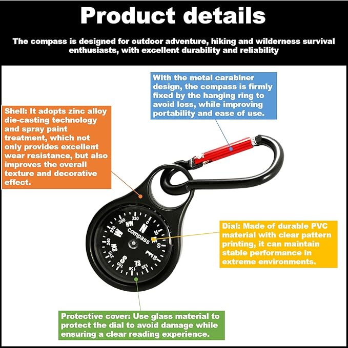 Mini Survival Compass with Carabiner Keychain – Portable Zinc Alloy Multifunctional Outdoor Navigation Tool for Camping, Hiking, Mountaineering, Hunting, and Climbing