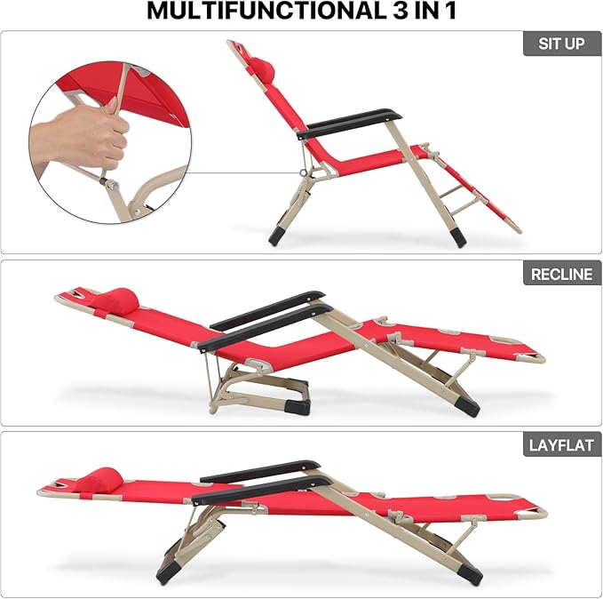 MoNiBloom 3-Position Folding Reclining Patio Chair Set of 2, Patio Lounger Folding Chairs with Adjustable Backrest and Headrest for Backyard Poolside Lawn, 330lbs Capacity