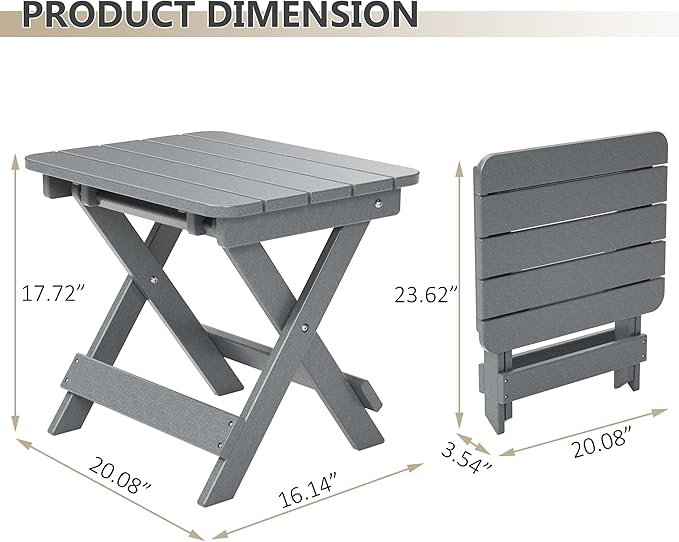 TORVA Outdoor Adirondack Foldable Side Table,Patio End Table for Poolside Garden, Weather Resistant Coffee Table -Plastic High-Density PE（Gray Color-floldable