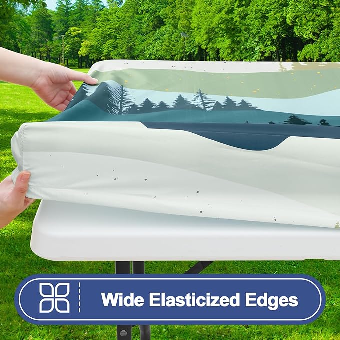 Smiry Picnic Table Cover with Bench Covers, Waterproof Elastic Fitted Tablecloth for 8 Foot Tables, Washable Polyester Tablecloths for Camping, Indoor & Outdoor (Green Blue, 30x96 Inch 3-pc Set)