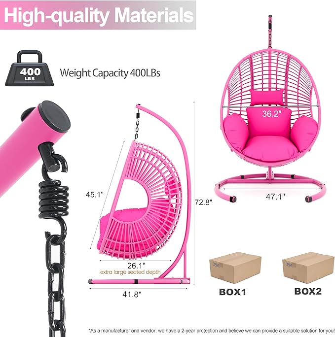 Hanging Egg Chair with Stand - Egg Swing Chair Outdoor Indoor Patio Wicker Chair Swing Hammock Egg Chairs 400lbs Capacity for Outside Patio, Bedroom, Garden and Balcony (Pink, 2P)