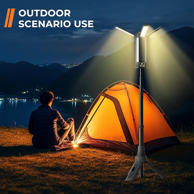 Rechargeable Camping Light with Stand, Outdoor LED Cordless Work Light with Portable Telescopic Bracket, 6AH Battery, 2000 Lumen Construction Lights with Carrying Bag