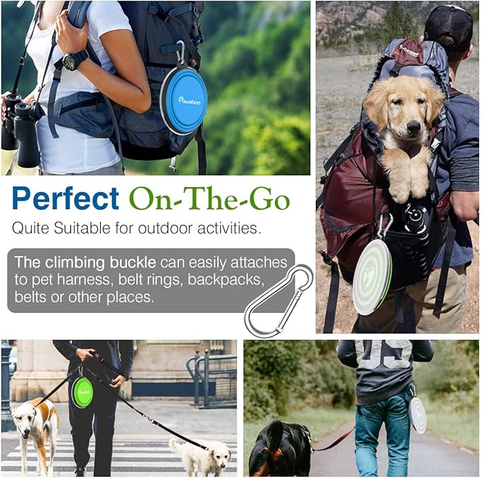 Pawaboo Collapsible Dog Bowls 2 Pack, Silicone Feeding Watering Bowls with Lids & Carabiners for Dogs Cats, Portable Water Feeder Food Bowl for Walking Traveling Home Use, 1000ml, Blue + Green