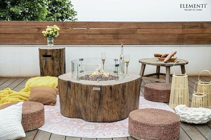 Elementi | Bundle Manchester Gas Fire Pit Cast Concrete Semi-Round Fire Table, Outdoor Fire Pit Electronic Ignition | Canvas Cover, Lava Rock Included | Red Wood (Propane Gas)