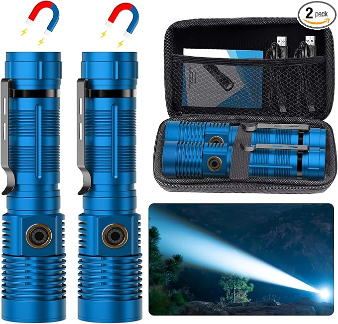 Small Tactical Flashlights High Lumens - 1500 Meters Long Beam Super Bright LED Magnetic Flashlight USB Rechargeable Zoomable 5Modes Long Beam Spotlight Flashlight for Hiking, Camping-Blue