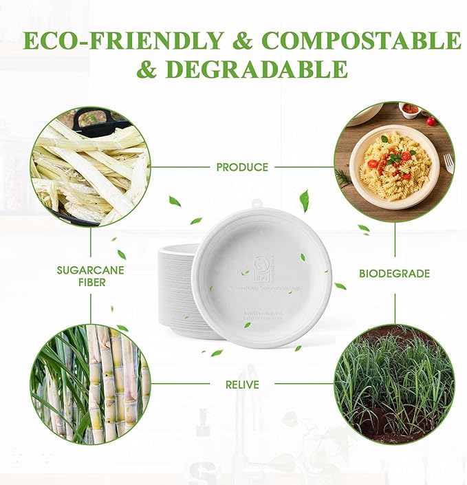 ECOLipak 125 Pack Paper Plates 10 inch 100% Compostable, Heavy-Duty Dinner Plates Disposable Bagasse Deep Dish Natural Biodegradable Eco-Friendly Sugarcane (White)