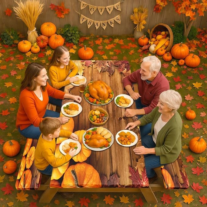 Picnic Table Cover with Bench Covers Elastic Edges, Pumpkin Fall Fitted Table Cover, Outdoor Patio Camping Essentials 72 Inch 3PCS, Waterproof Camping Fitted Tablecloth with Drawstring Bag