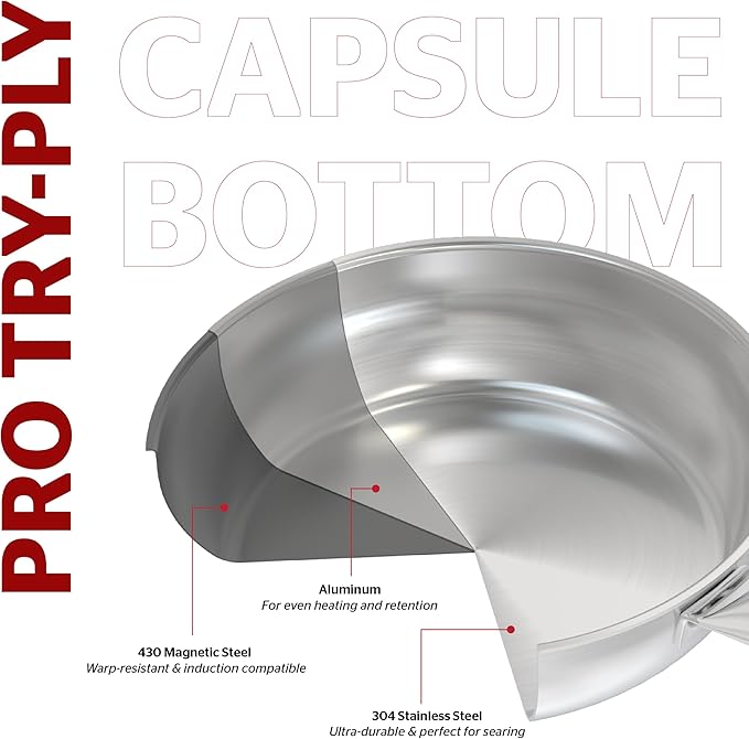 Sunhouse 9.5 Inch 18/10 Chef Series Stainless Steel Frying Pan, Tri-Ply Stainless Steel Construction, PFOA-FREE, Stay-Cool Handle, Induction Compatible