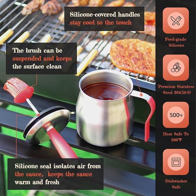 32 OUNCE BBQ Basting Pot with Brush，Grilling Gifts for Men/Women，Stainless Steel 304 Barbecue Sauce Container Brush Set，Airtight Melting Pot for Grill,Kitchen，Camping