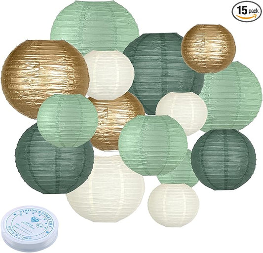 Paper Lanterns Decorative, Round Paper Lanterns Decorations Sage Green/Forest Green/Gold/White for Rustic Party Birthday Party Bachelorette Engagement Wedding Baby Shower 15pcs