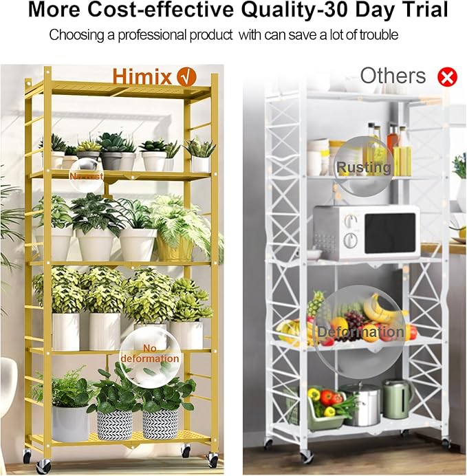 Storage Shelves with 20 Hooks, 5-Tier Foldable Shelves for Storage, Folding Shelf Unit Pantry Shelves with Wheels, Standing Shelving Unit for Kitchen Garage Home Office Room Greenhouse, Gold