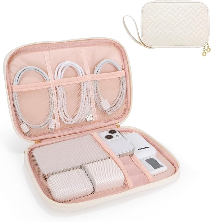 Electronics Organizer Travel Case, Charger Bag Cord Organizer Travel, Compact Tech Pouch Cable Organizer Bag for Charger, Cords, Phone, Headphones, Flash Drive, SD Card (Beige, Small-Single Layer)