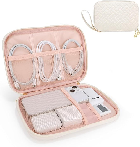Electronics Organizer Travel Case, Charger Bag Cord Organizer Travel, Compact Tech Pouch Cable Organizer Bag for Charger, Cords, Phone, Headphones, Flash Drive, SD Card (Beige, Small-Single Layer)
