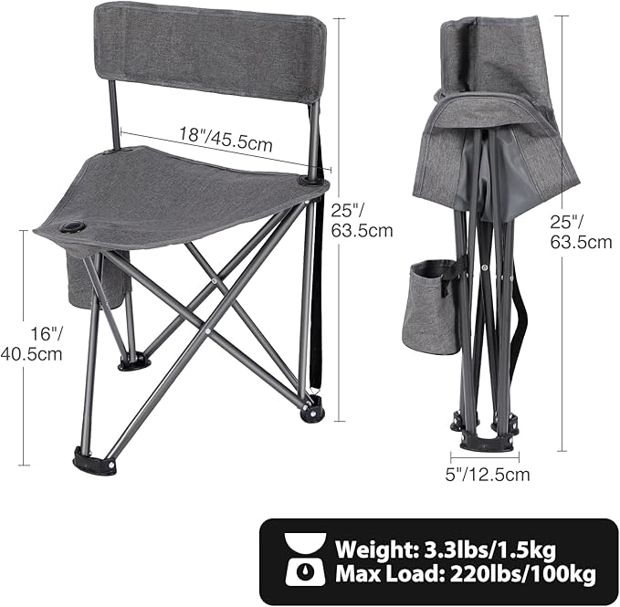 REDCAMP 2 Pack Tripod Camping Chairs Folding Lightweight, Portbal 3 Legged Tripod Stool Seat with Cup Holders, Small Fishing Chairs Compact for Adults Golf, Hunting,Dark Grey
