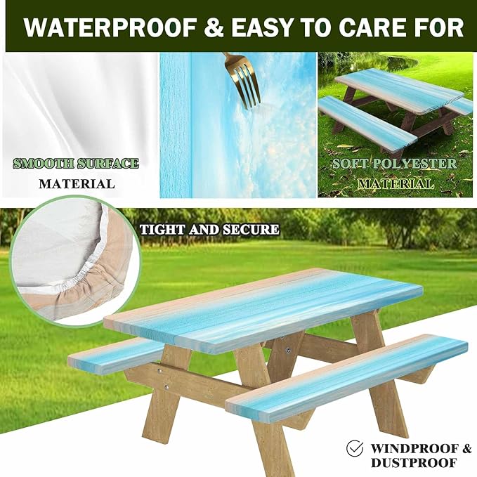 CAPSCEOLL Elastic Picnic Table Cover with Bench Covers 5Ft Waterproof Fitted Picnic Table Cover Cloths for Outdoors Camping Tablecloth with Drawstring Bag, 60X30in, Summer Beach