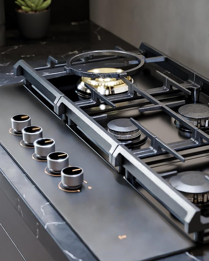 FOTILE GLG36501-Y 36” Moonshadow Grey Anti-glare Tempered Glass 5-Burner Gas Cooktop, Tri-Ring 18,000 BTUs Left Burner with Flame Failure Protection Removable Grates and Installation/LP Kit