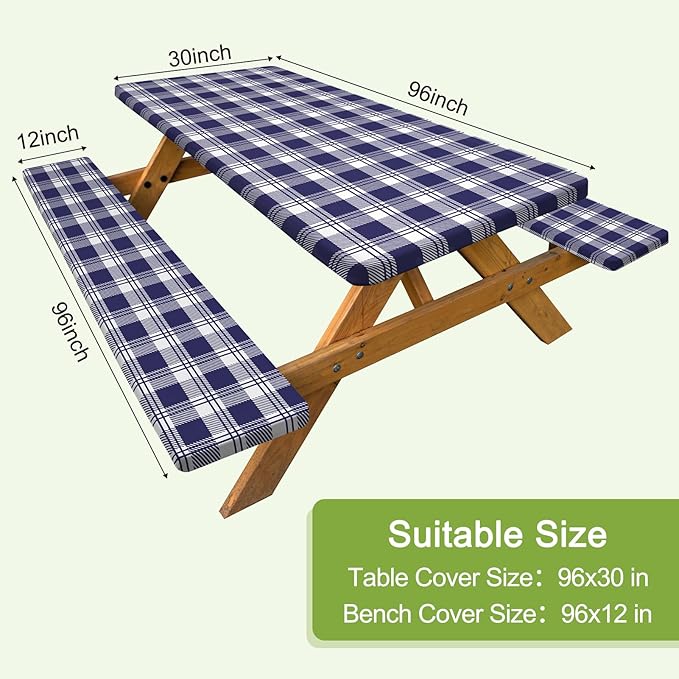 Picnic Table Cover with Bench Covers Camping Tablecloth with Storage Bag Windproof Waterproof Picnic Table Covers with Elastic for Camping
