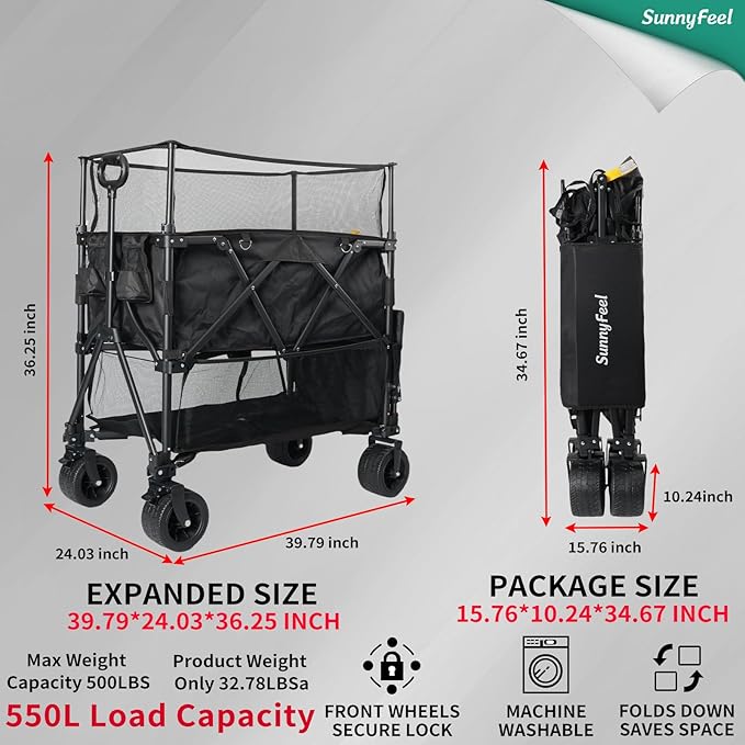 SUNNYFEEL 550L Large Capacity Folding Sports Wagon, 550LBS Heavy Duty Collapsible Cart,Extra High Extender Wagon Cart with Tailgate, All-Terrain Big Wheels for Camping Fishing & Outdoor Use，Black
