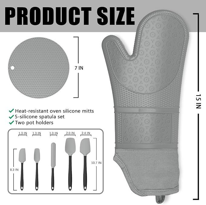 Oven Mitts with Heat-Resistant Hot Pads and Five Silicone Spatulas Designed for Kitchen Baking Cooking, Oven Glove Soft Cotton Lining, Waterproof, BPA-Free (Grey, 15.7)