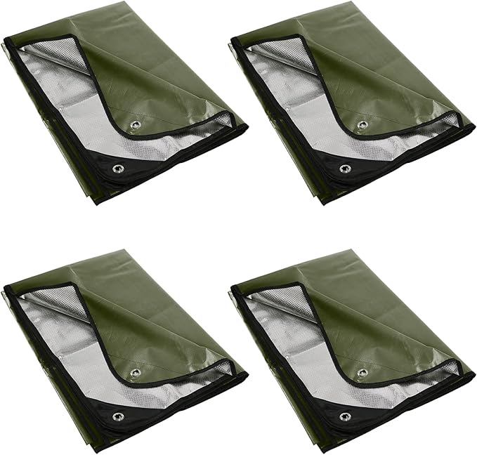 RedSwing 4 Pack Heavy Duty Waterproof Emergency Thermal Tarp, Insulated Survival Blanket for Outdoor Camping, Hiking, and Emergency Shelter, Green