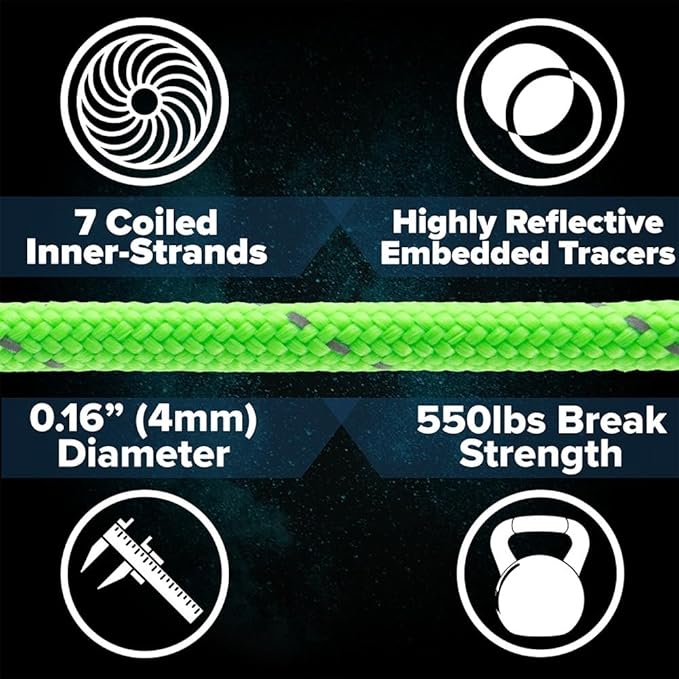 Paracord Planet Reflective 550lb Paracord – 7 Strand Type III Nylon Parachute Cord for Outdoor Visibility, Hiking, and Crafting – 30+ Colors and 4 Length Options