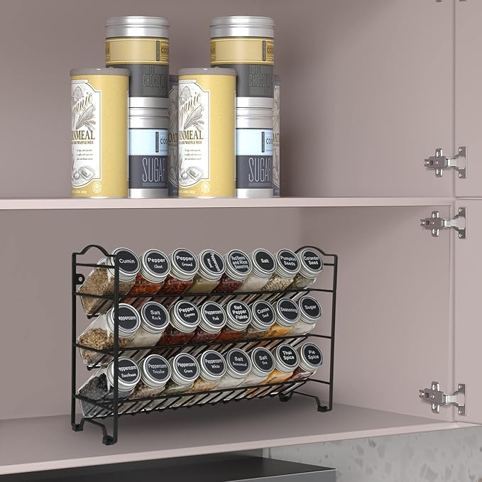 SWOMMOLY Spice Rack Organizer with 24 Empty Glass Spice Jars, 396 Spice Labels with Chalk Marker and Funnel Complete Set, for Countertop, Cabinet or Wall Mount, Black