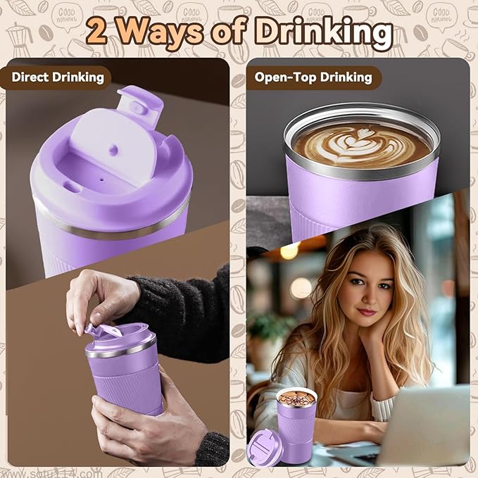 12OZ Travel Coffee Mug Insulated Coffee Cup with Spill Leak Proof Lid, Portable Stainless Steel Tumbler Reusable Hot and Cold Water Mug for Car, Daily, Camping- Purple