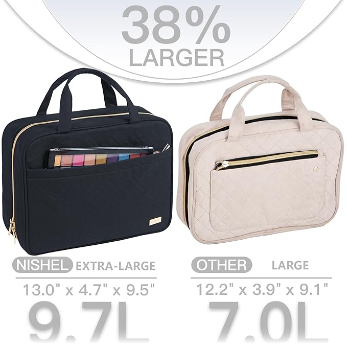 NISHEL Travel Toiletry Bag for women, Portable Hanging Organizer for Family-Sized Shampoo, Conditioner, Brushes Set, Makeup Accessories, Extra Large Size, Black