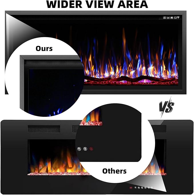 BREEZEHEAT 42 Inch Electric Fireplace-Recessed & Wall Mounted Linear Fireplace-750/1500W Heater w/Temperature Control, Log & Crystal Options, Adjustable Flame, Remote Control