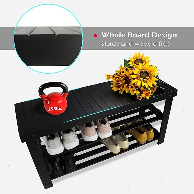 SMIBUY Bamboo Shoe Rack Bench, 3-Tier Shoe Organizer Storage Shelf for Entryway Hallway Bathroom Living Room (Black)