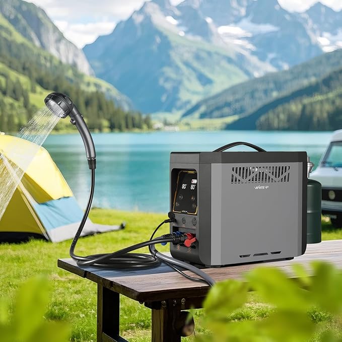 Portable Camping Shower with Constant Temperature Propane Water Heater, Built-in Rechargeable Battery and Multi-protection, Ideal for Outdoor Cleaning & Off-grid Instant Hot Water Needs
