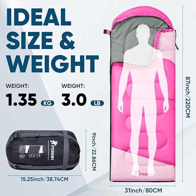 PTEROMY Sleeping Bags for Adults, Lightweight Water Resistant Backpacking Camping Sleeping Bag for Warm Cold Weather, Camping Essentials for Hiking Outdoor Travel