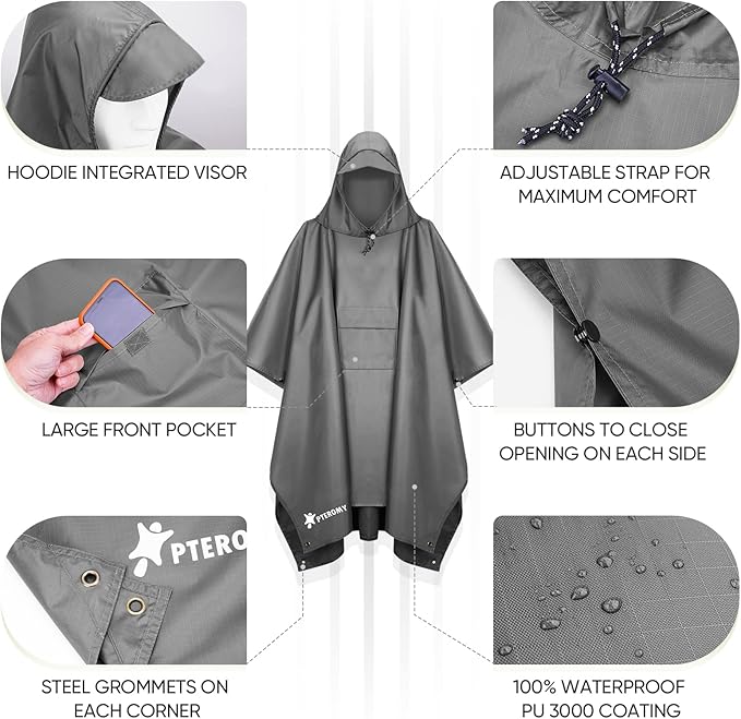 PTEROMY Hooded Rain Poncho for Adult with Pocket, Waterproof Lightweight Unisex Raincoat for Hiking Camping Emergency