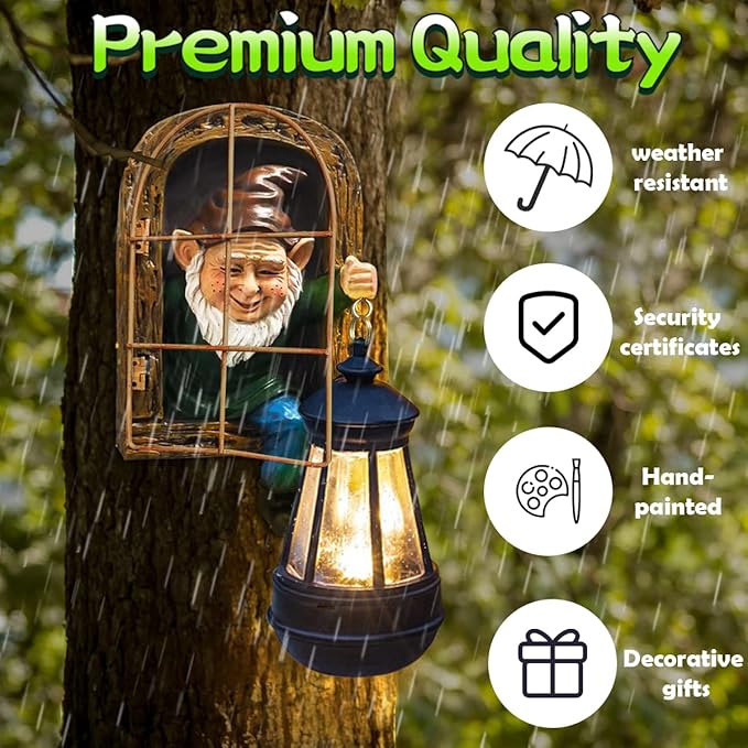 Whimsical Fairy Garden Gnomes with Solar Lights-10 Elf Out The Door Tree Hugger Garden Statues-Outdoor&Yard Decor-Tree Face Sculpture,Ideal Yard Art for Patio,Fence,Wall