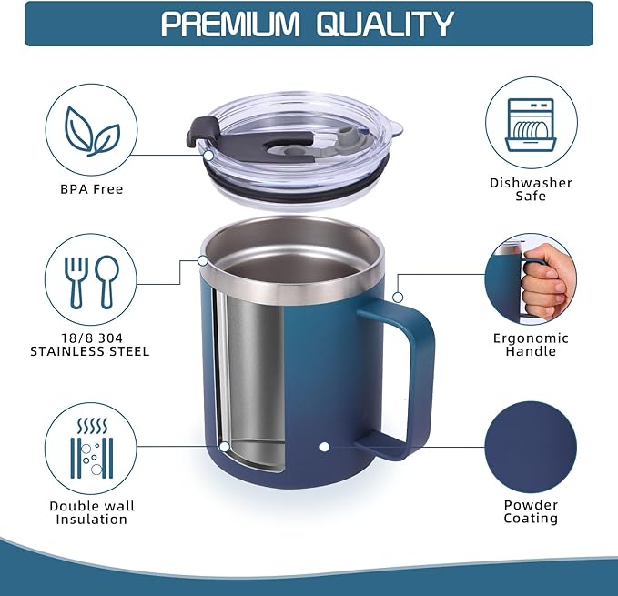 Volhoply 12oz Insulated Leakproof Coffee Mug with Flip & Straw Lid,Double Wall Vacuum Stainless Steel Travel Tumbler Cup with Handle,Reusable Camping Mugs Keep Cold/Hot(Dark Night,1 Set)