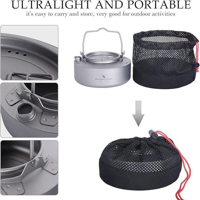 Boundless Voyage Titanium Kettle with Folding Handle & Filter Ultralight Teapot Outdoor Camping Coffee Pot for Boiling Water Coffee Tea