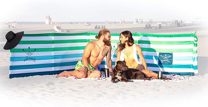 Premium 20 ft Beach Windscreen, Privacy Screen, Wind Blocker - Emerald Blue, Free Rubber Mallet and Carry Bag Included