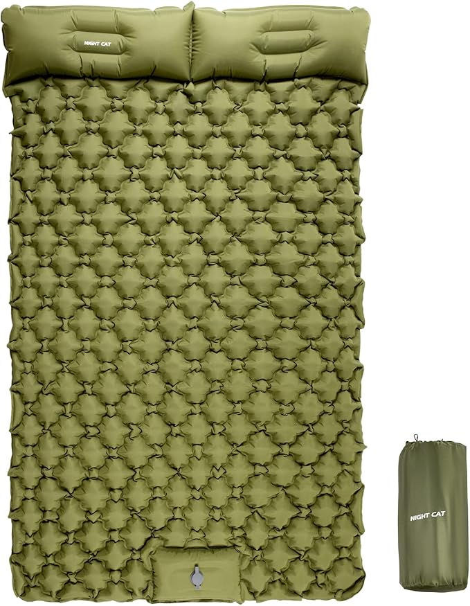 Night Cat Inflatable Double Sleeping Pad Mat Bed with Foot Pump and Double Pillow for Camping Backpacking Hiking Ultra-Light Compact Comfortable 77"x 47"