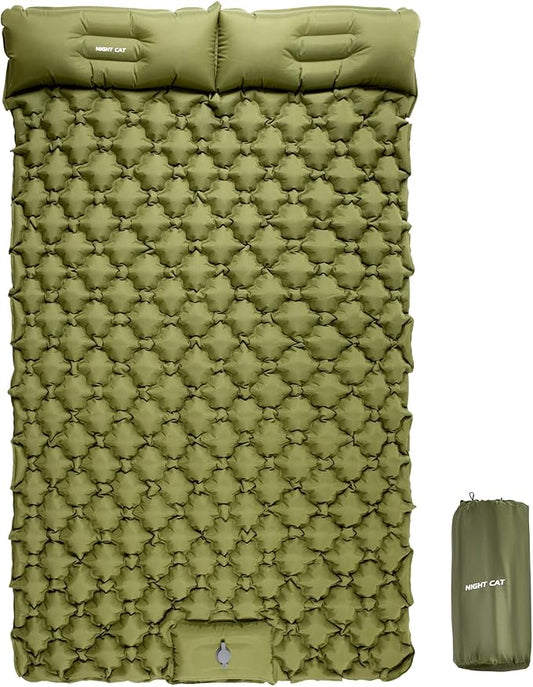 Night Cat Inflatable Double Sleeping Pad Mat Bed with Foot Pump and Double Pillow for Camping Backpacking Hiking Ultra-Light Compact Comfortable 77"x 47"