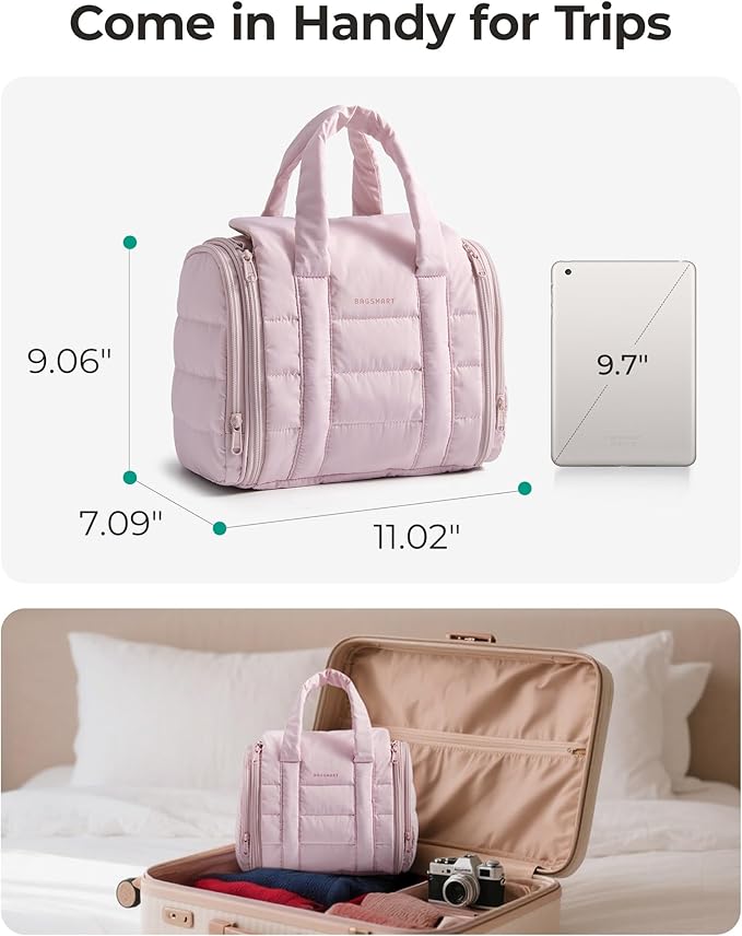 BAGSMART Toiletry Bag for Women with Hanging Hook, Puffy Water-resistant Makeup Cosmetic Bag for Accessories, Shampoo, Full-size Container, Toiletries, Beige