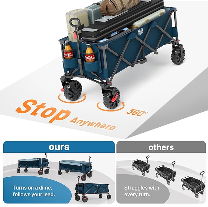 TIMBER RIDGE 51.2" Extended Collapsible Wagon - Heavy-Duty Utility Cart with All-Terrain Wheels, Brakes & Cargo Net, 400L Capacity for Camping, Sports & Shopping, Blue