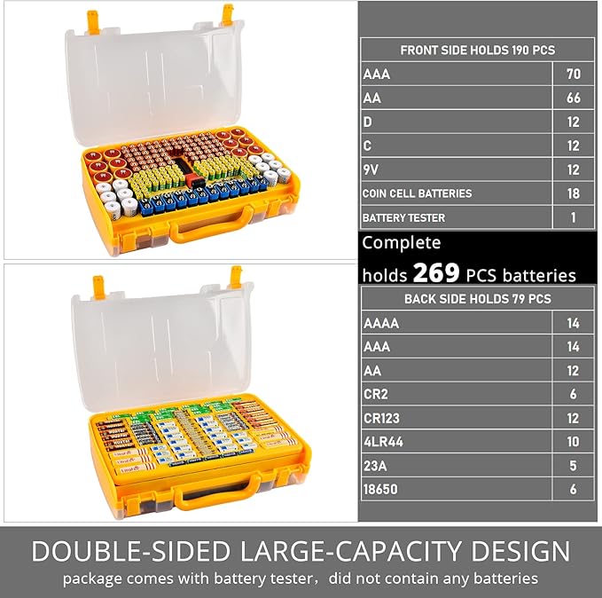 Battery Organizer Storage Holder Box Case with Tester- 269 Batteries Double-Sided Variety Pack, Holds AA AAA 4A C D Cell 9V 3V Lithium LR44 CR2 CR123 CR1632 18650 Button- Yellow (Box Only)
