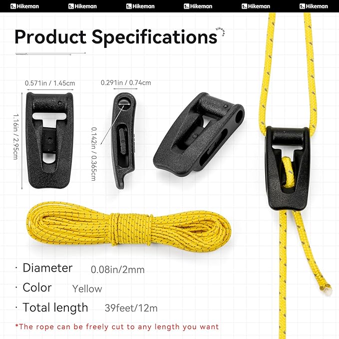 Hikeman Tent Guy Ropes 2mm-Ultralight Strong Guy Lines with Tensioner Reflective UHMWPE Fiber Tent Cord for Camping, Hiking, Backpacking Rope (Yellow, 39 Feet, 6 Tensioners)