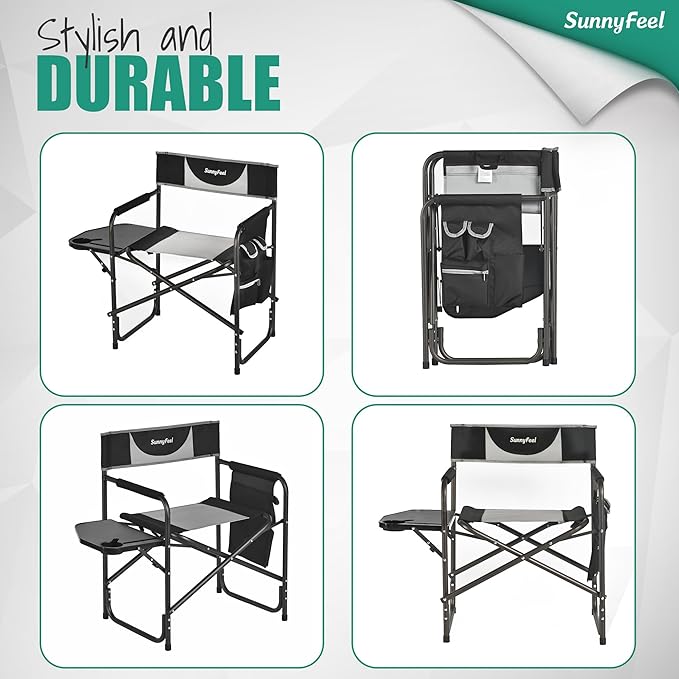 SUNNYFEEL Oversized Camping Directors Chair, Portable Folding Lawn Chairs for Adults Heavy Duty with Side Table,Pocket for Beach, Fishing,Picnic,Concert Outdoor, Foldable Camp Chairs