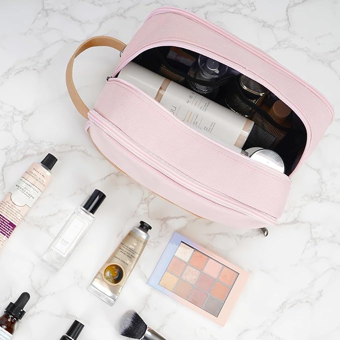 WANDF Travel Toiletry Bag for Men Large Toiletries Shaving Bag Water Resistant Hanging Dopp Kit Travel Accessories Bag for Women Men (Pink)